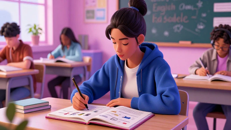 Estudiante vibrante de inglés en entorno moderno