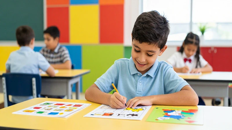 Fichas escolares y actividades para todas las edades 4 Estudiante sonriente trabaja en un aula moderna y vibrante
