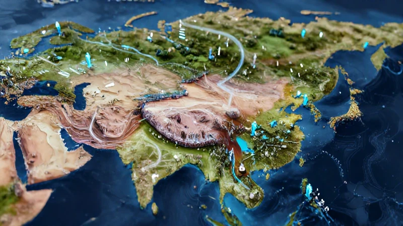 Mapa 3D de Asia con población luminosa