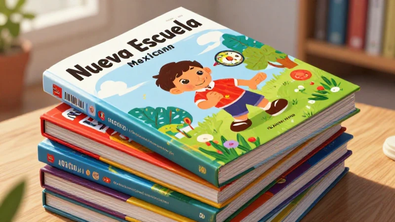 Ilustración vibrante de libros en la escuela mexicana