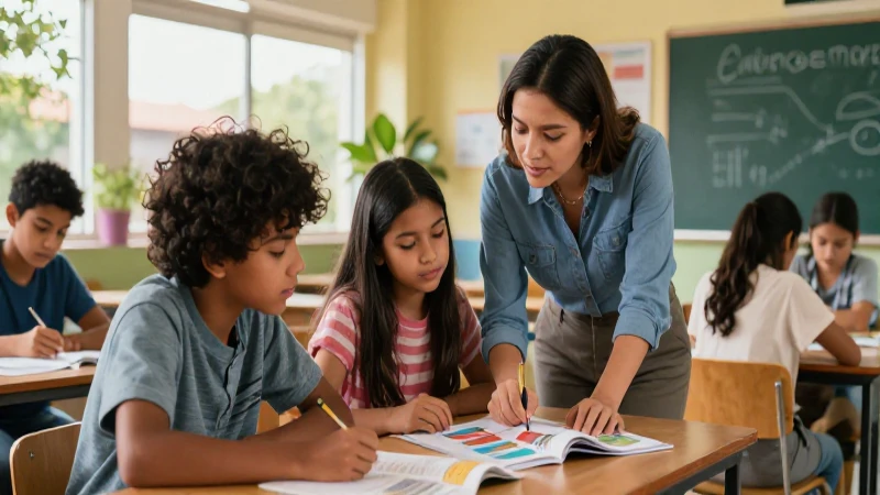 Maximiza el aprendizaje con tutorías y acompañamiento estudiantil 4 Estudiantes y mentor colaborando en un proyecto escolar moderno