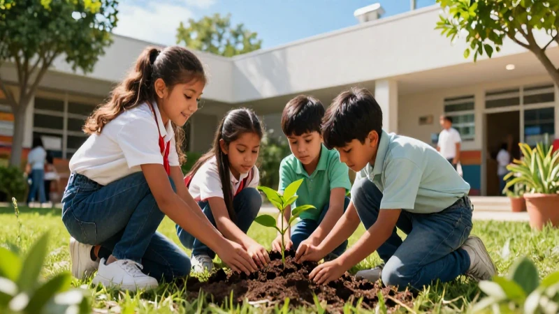 Estudiantes mexicanos plantan un árbol en el patio