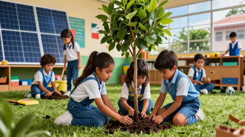 Escuela mexicana color, niños plantan con energía