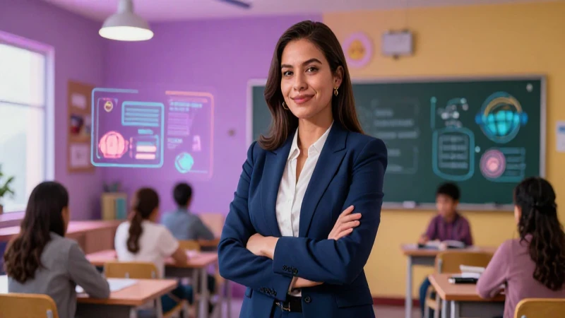 Maestra mexicana moderna en aula holográfica