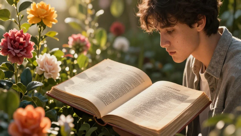 Estudiante concentrado con poesía y flores vibrantes