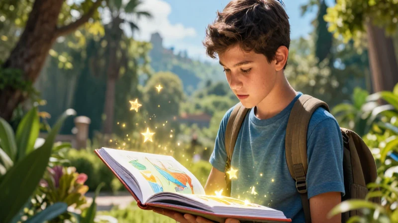 Estudiante curioso en una aventura ilustrada vibrante