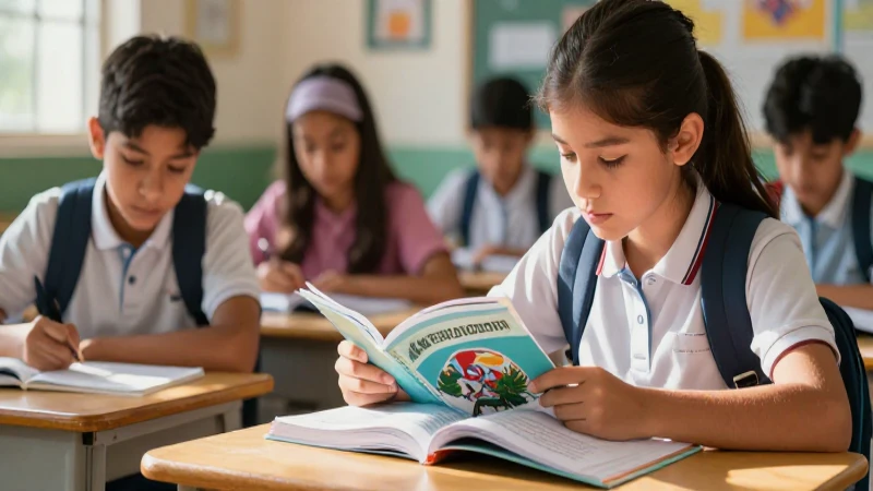 Estudiante brillante estudia libro de texto mexicano