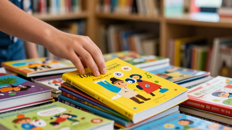 Adolescente elige libro en vibrante biblioteca moderna