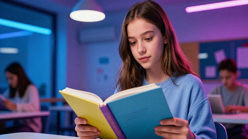 Joven concentrada leyendo un libro colorido