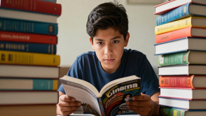 Estudiante mexicano enfocado lee con libros coloridos