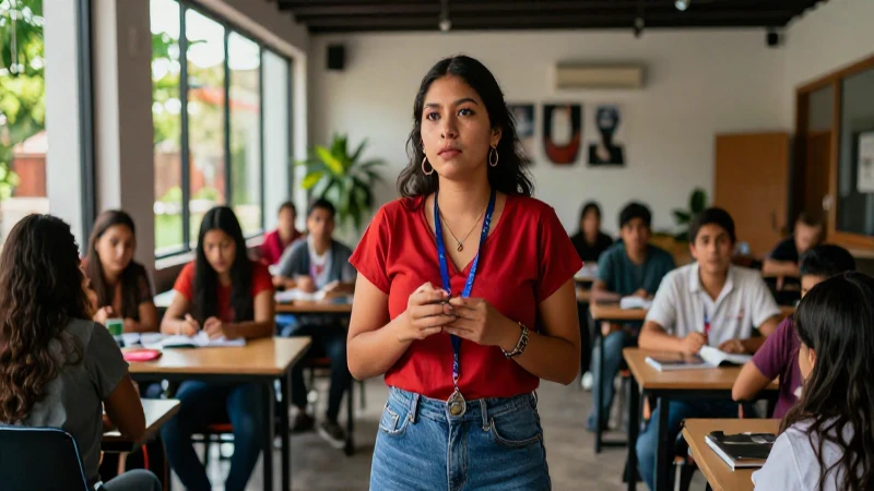 Educadora vibrante con estudiantes en espacio moderno