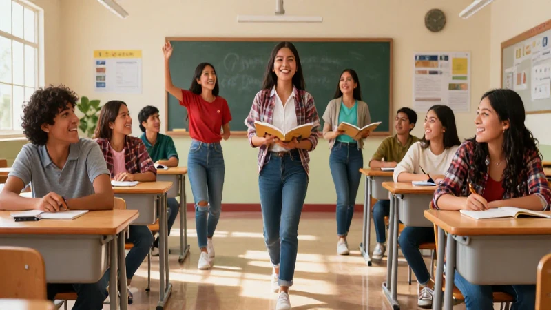 Estudiantes mexicanos alegres en un aula moderna y brillante