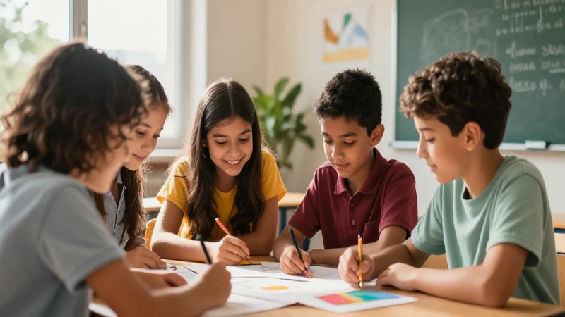 Clase educativa vibrante con estudiantes colaborando