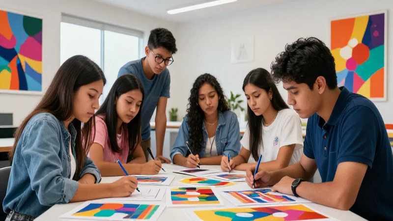 Avances y perspectivas en educación artística y diseño de la Nueva Escuela Mexicana 3 Estudiantes mexicanos diseñan arte abstracto en un espacio moderno