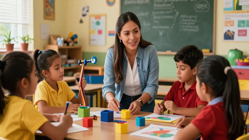 Educadora mexicana en un aula creativa y vibrante