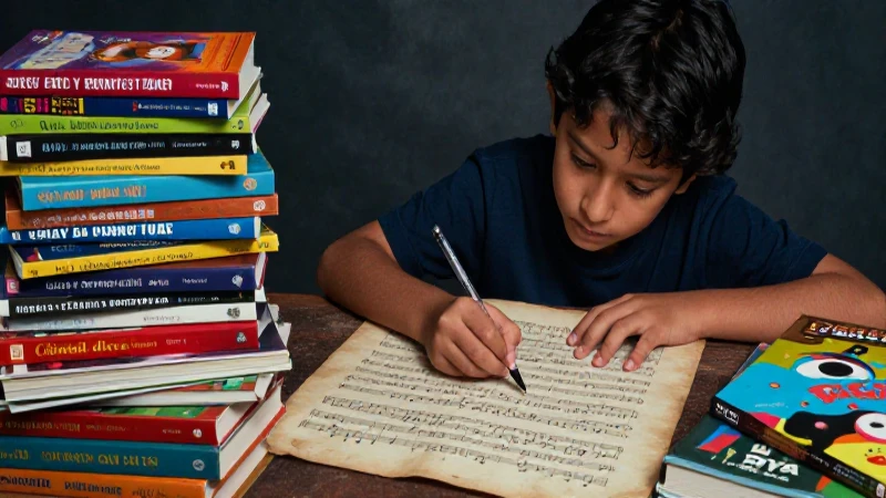 Niño talentoso mexicano estudia partituras con libros