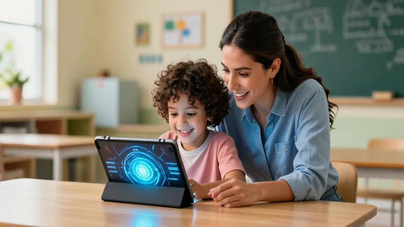 Educación digital guiada por familia en aula moderna