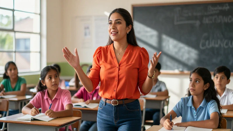 Profesora mexicana enseñando a alumnos entusiastas