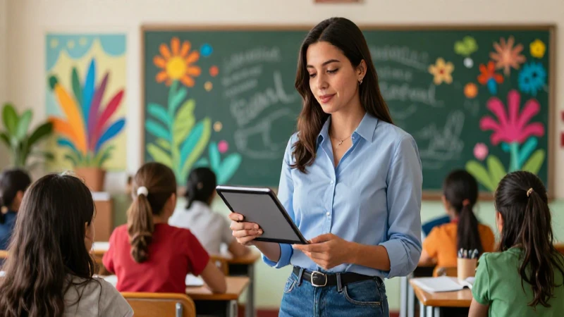 Claves para el papel fundamental del docente en la escuela nueva: desafíos y más 3 Maestra moderna interactúa con tecnología y materiales