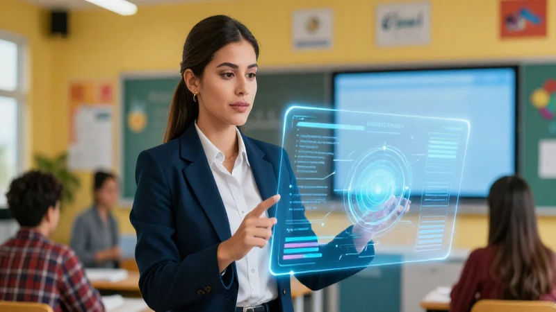 El perfil ideal del docente para integrar tecnología en el aula 4 Maestra interactúa con holograma en aula vibrante