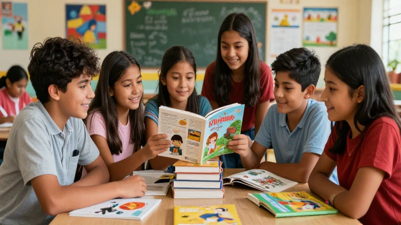 Jóvenes estudiantes mexicanos explorando libros en clase