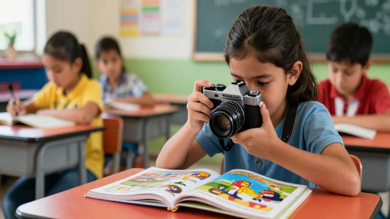 Estudiante con cámara y arte en aula vibrante