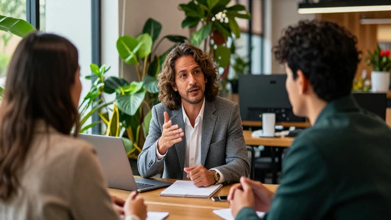 Mentor guía a emprendedor en oficina moderna y luminosa