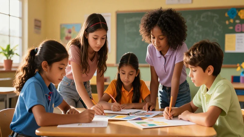 Niños colaboran en aula vibrante al atardecer