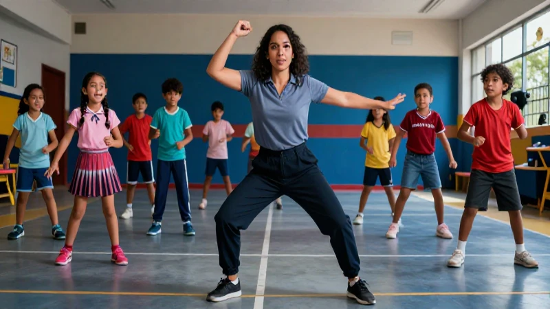Profesor de educación física enseña a niños en México