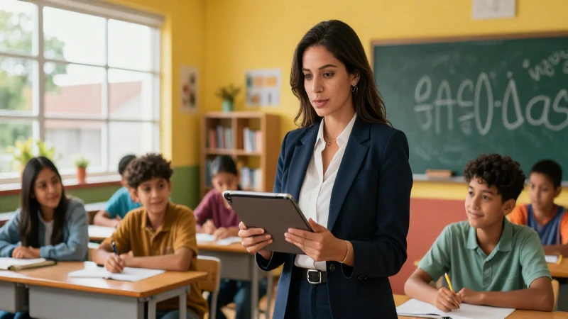 Maestra mexicana moderna en aula vibrante