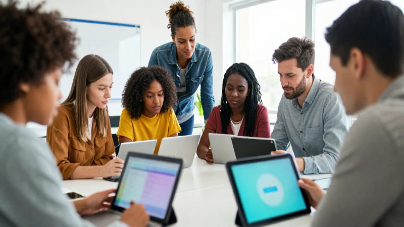 Profesores diversos colaborando en aula moderna y digital