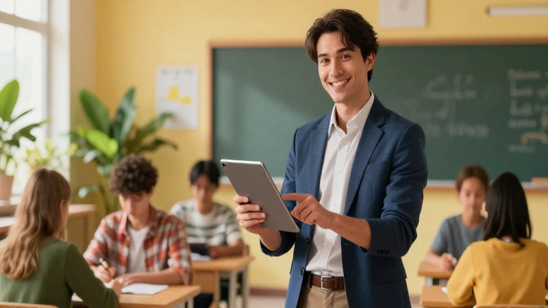 Educador moderno, tablet, aula vibrante y realista