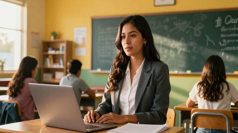 Maestra mexicana en aula moderna, luz dorada