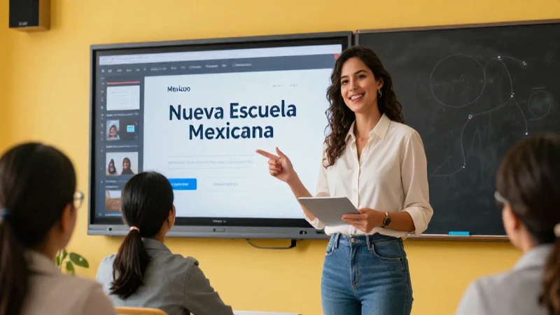 Profesora entusiasta en aula moderna de la NEM