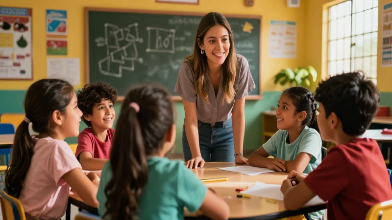 Tips del docente para una educación inclusiva en la Nueva Escuela Mexicana 4 Niños alegres interactúan con maestra en México