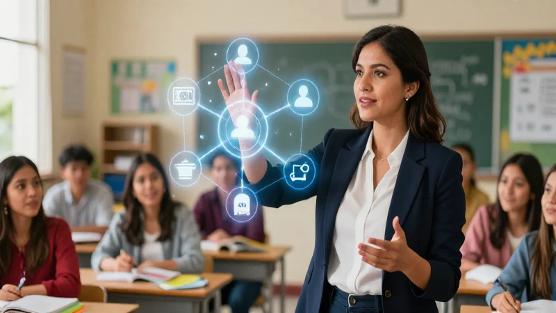 Profesora moderna inspira aprendizaje colaborativo vibrante