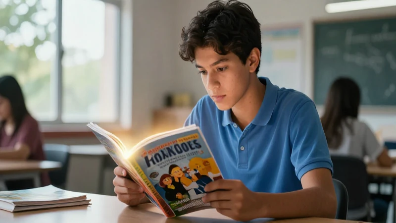 Estudiante mexicano leyendo en entorno educativo moderno