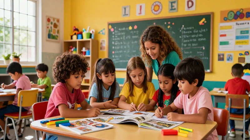 Niños mexicanos felices colaboran en aula moderna