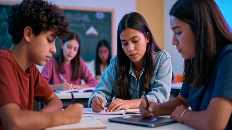 Estudiante mexicano en aula colaborativo vibrante