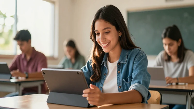 Estudiante mexicano sonríe aprendiendo con tablet