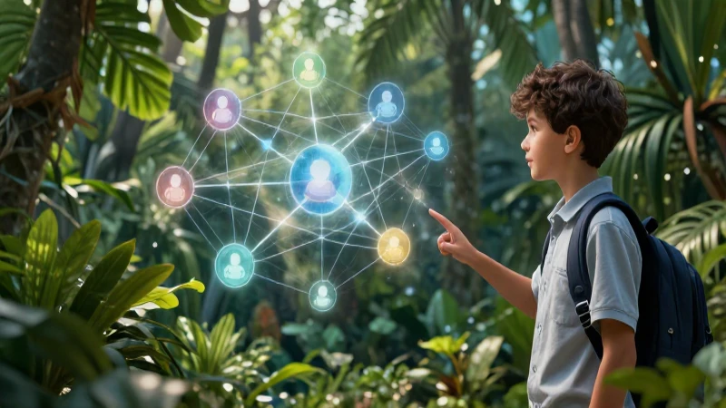Estudiante interactúa con red educativa en entorno tropical