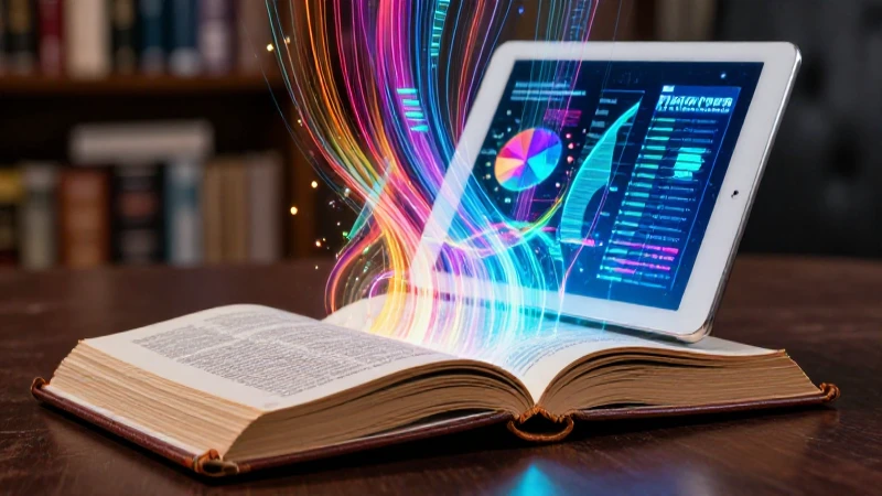 Libro vintage fusionándose en tableta holográfica