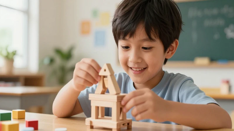Niño sonriente construye inventos en aula vibrante