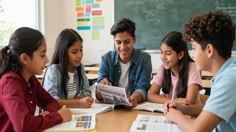 Estudiantes colaborando en un aula moderna y vibrante