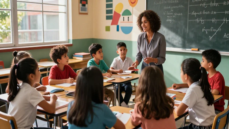 Niños colaborando en un aula mexicana moderna