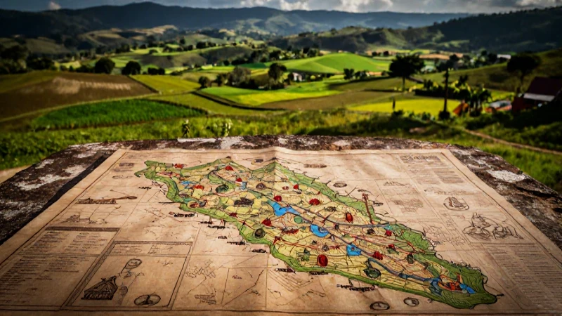 Paisaje rural mexicano con mapa educativo antiguo