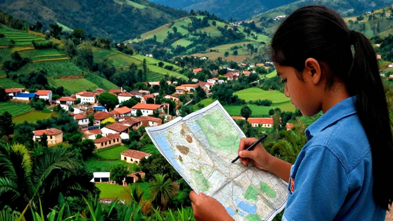 Estudiante examina mapa rural vibrante