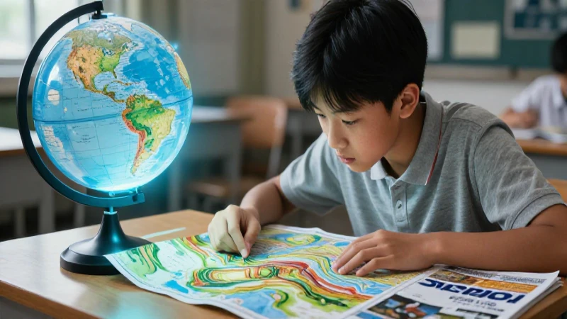 Estudiante enfocado en mapa y globo iluminado