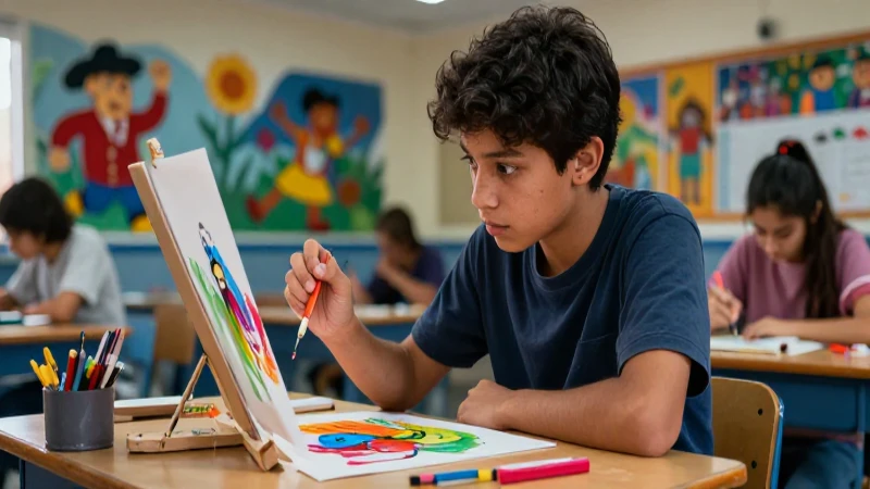Estudiante mexicano pinta arte en un aula moderna