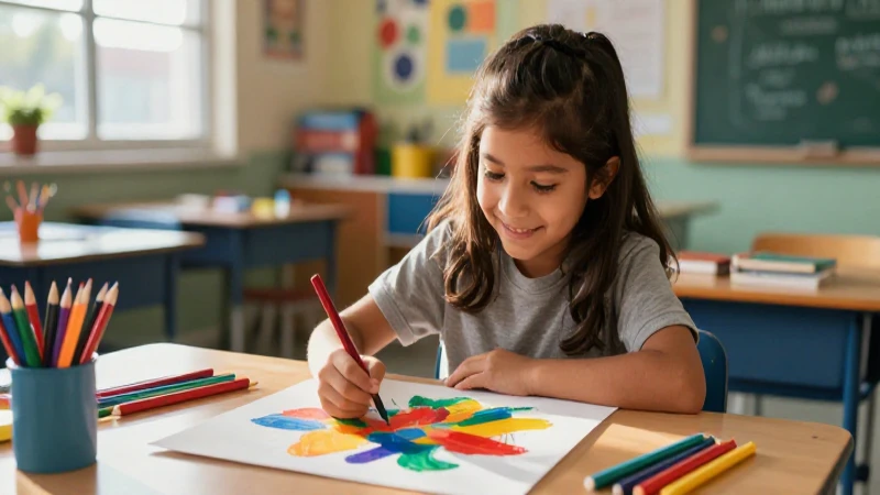 Niño mexicano pinta arte vibrante en una aula escolar